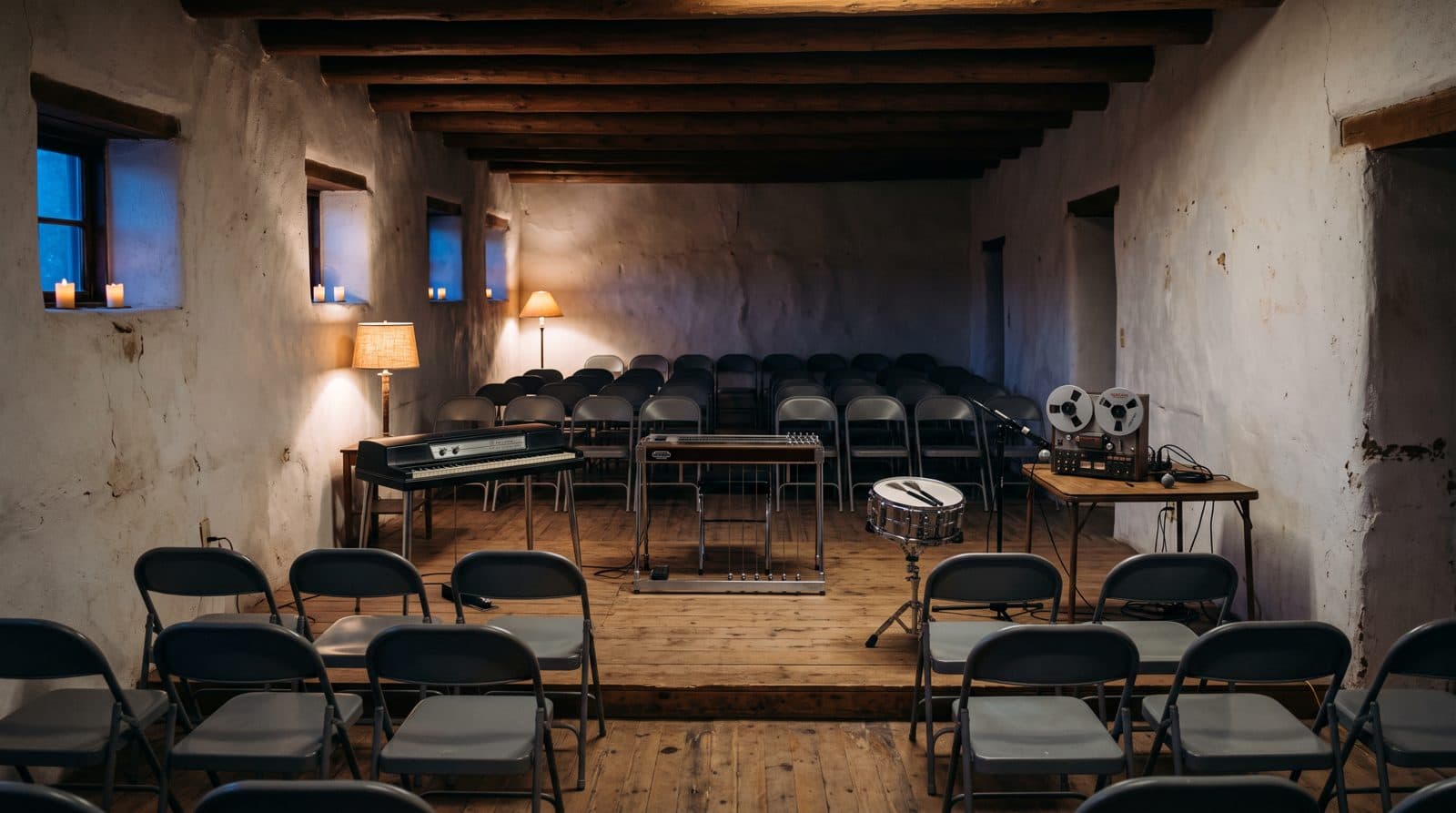 Rows of metal folding chairs set in an empty adobe hall at dusk, lamps lit