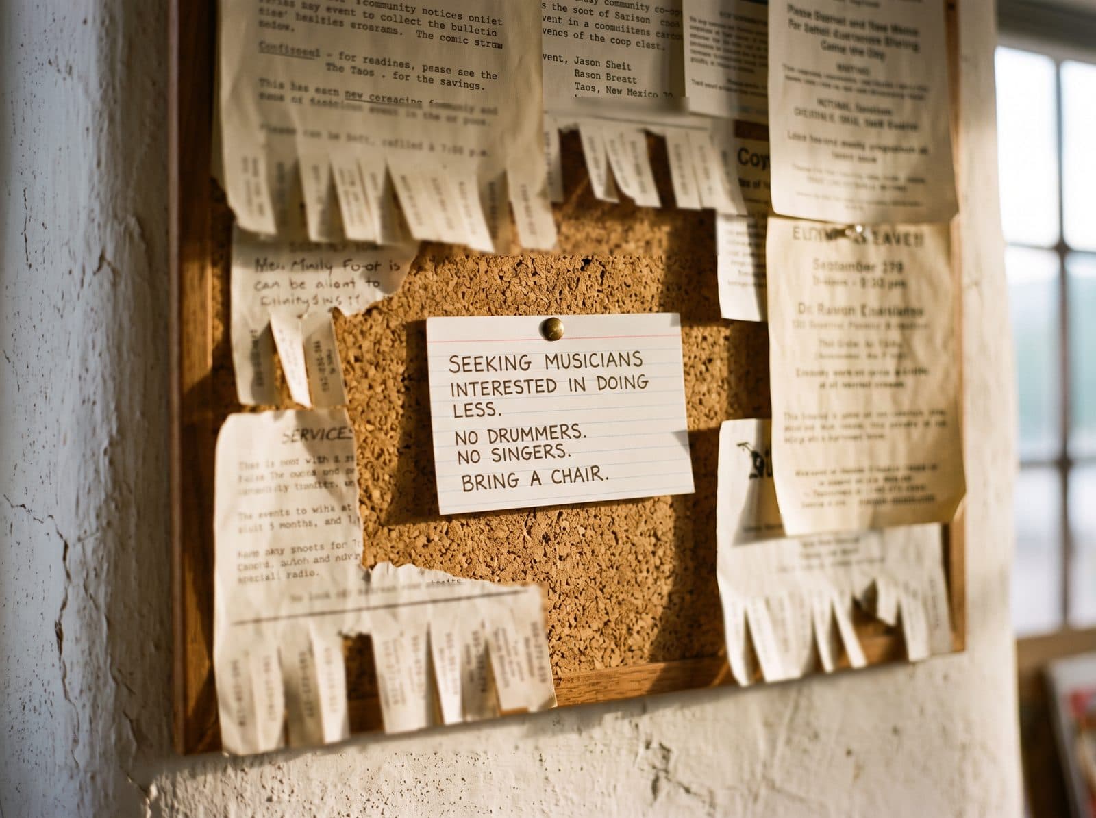 An index card pinned to a crowded community co-op bulletin board in Taos, 1989