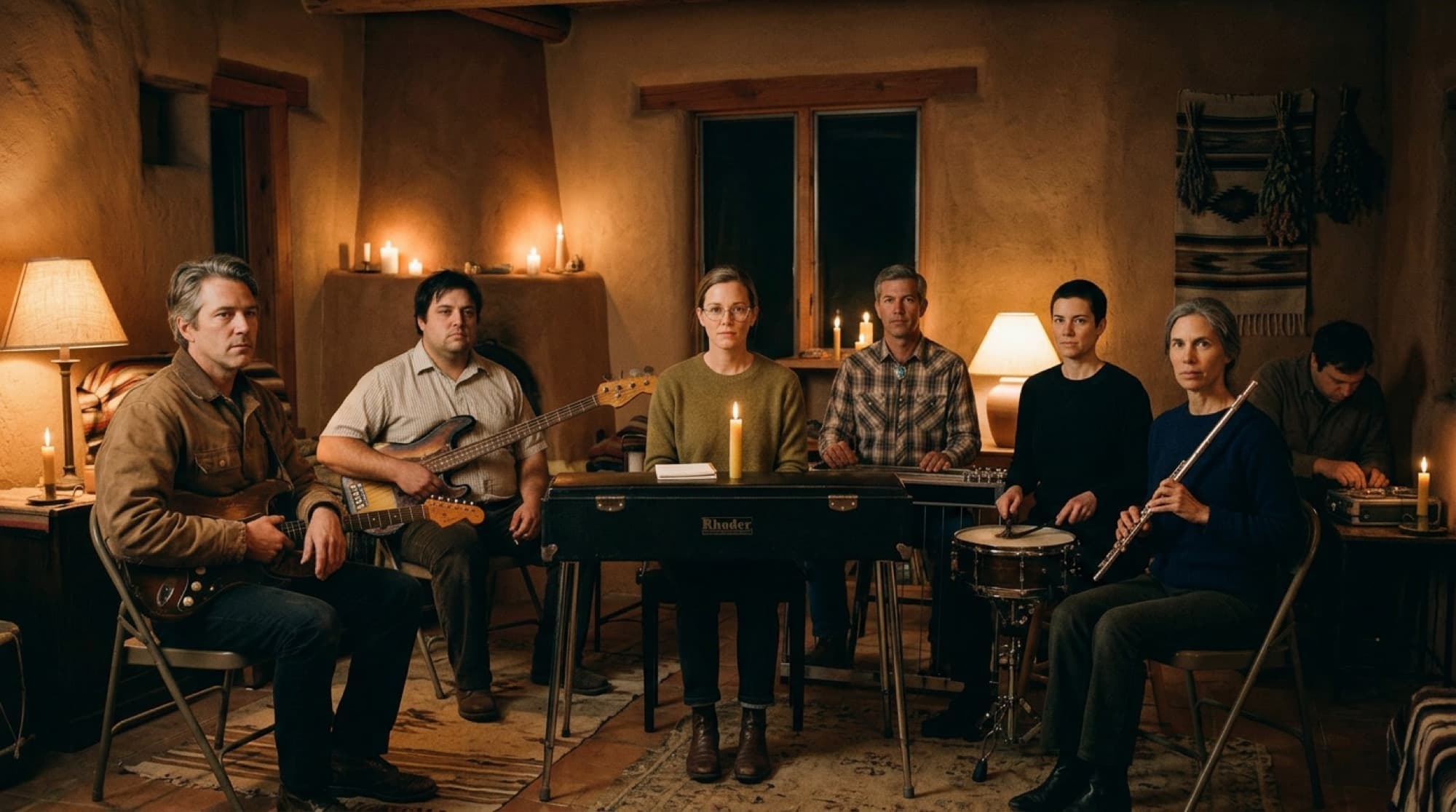 The seven members of the Council of Sleep seated on folding chairs in a candlelit adobe room