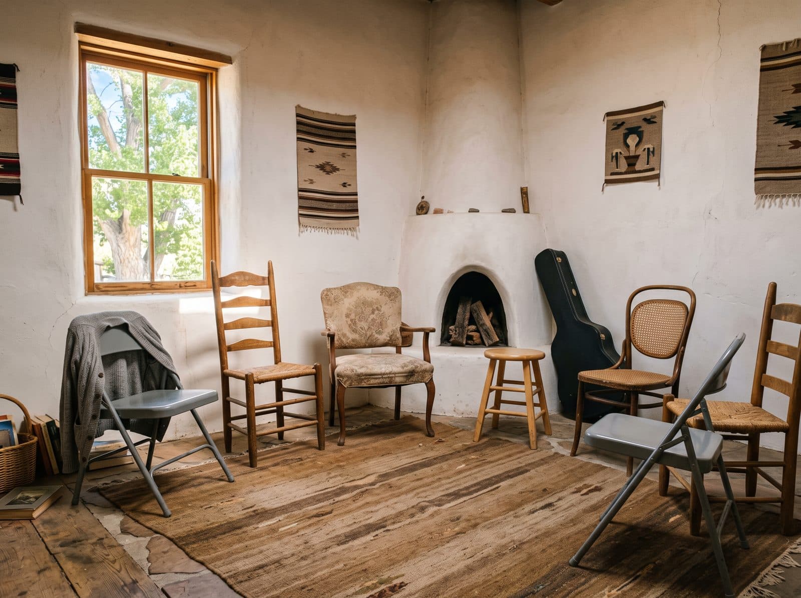 An adobe living room in afternoon light with seven chairs, most of them empty