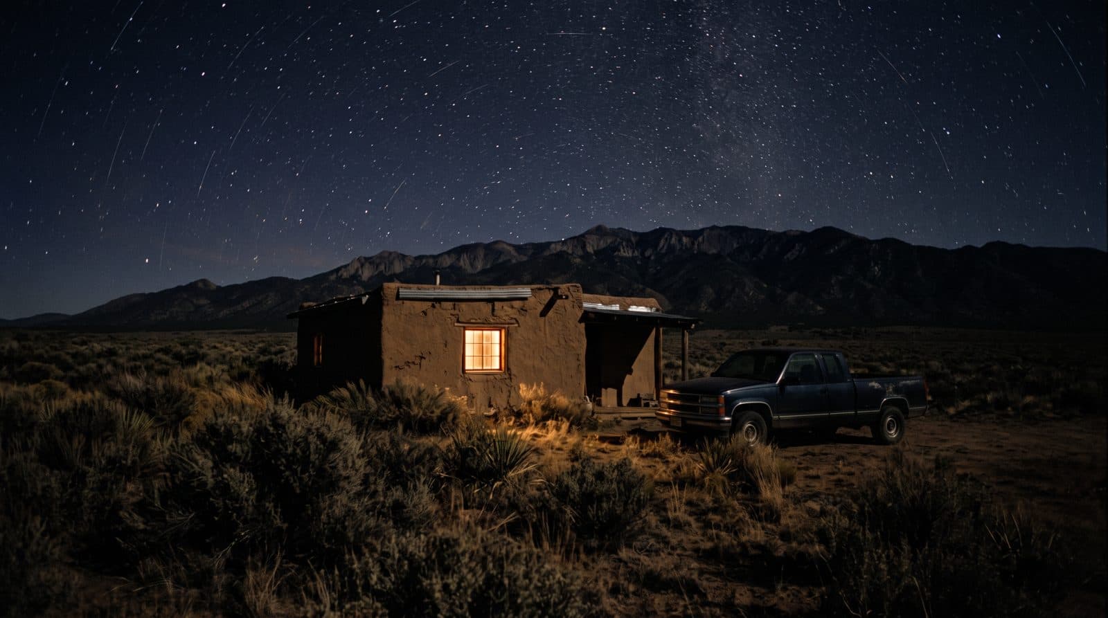 High-desert night in northern New Mexico, an adobe building with one lit window under a mountain ridge