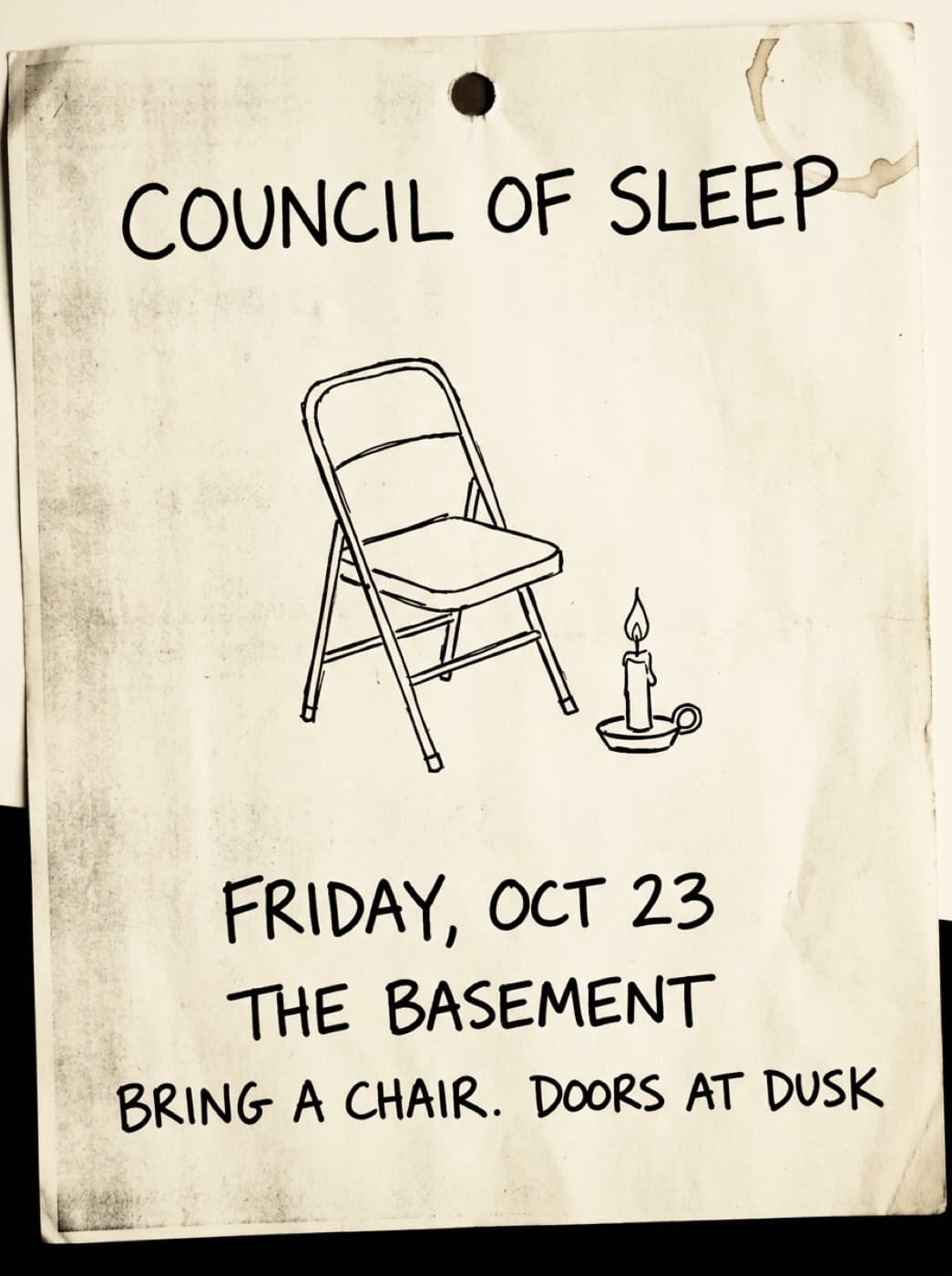 A photocopied notice for a Council of Sleep session with a drawing of a folding chair and a candle