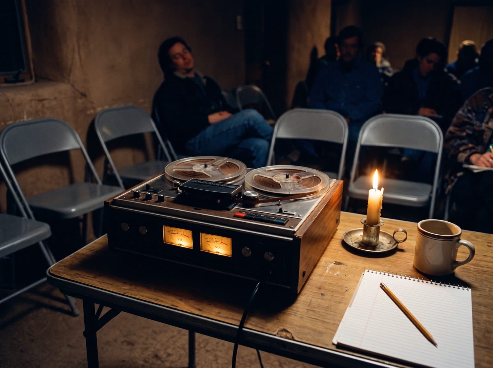 A reel-to-reel tape deck running on a card table beside a candle, late at night